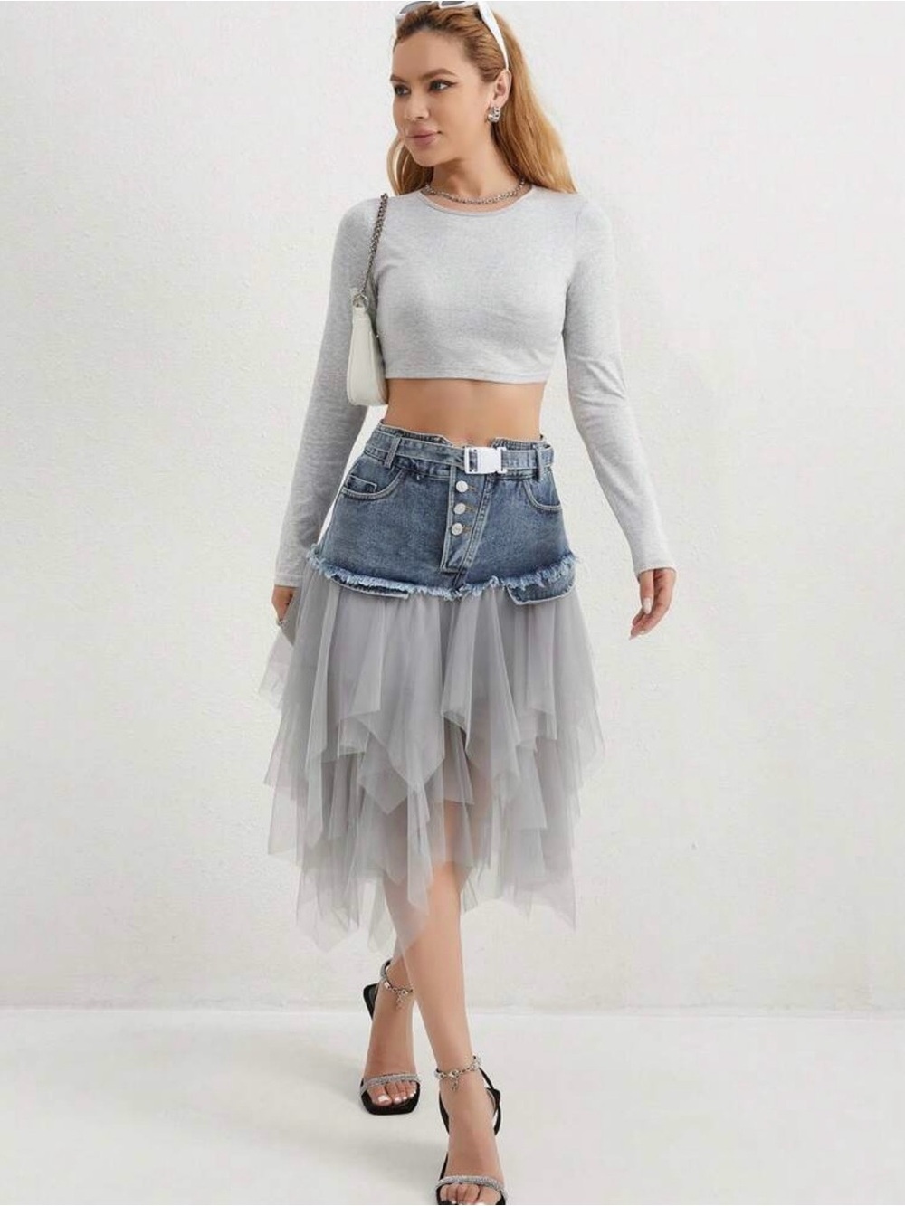 Tiered Gray Tulle Midi Skirt with Denim Waistband